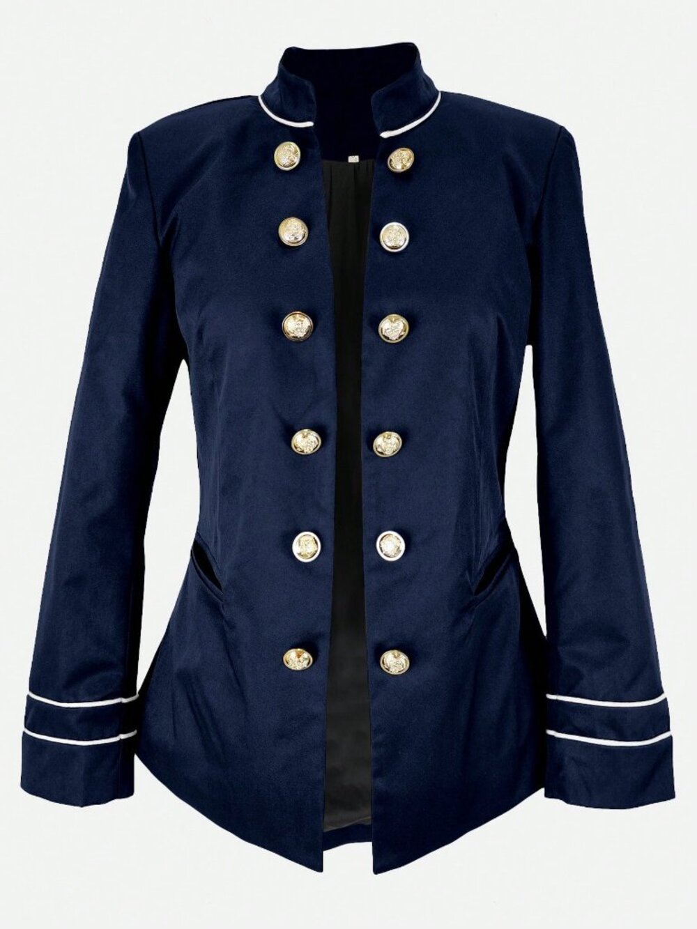 Navy Blue Elegant Women's Double-Breasted Slim Fit Blazer - Picture 3 of 5